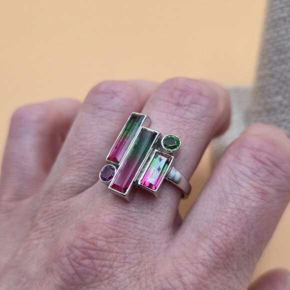 Size 10.75 Sterling Silver Watermelon Quartz Gems Band Ring A6023 - Picture 5 of 9